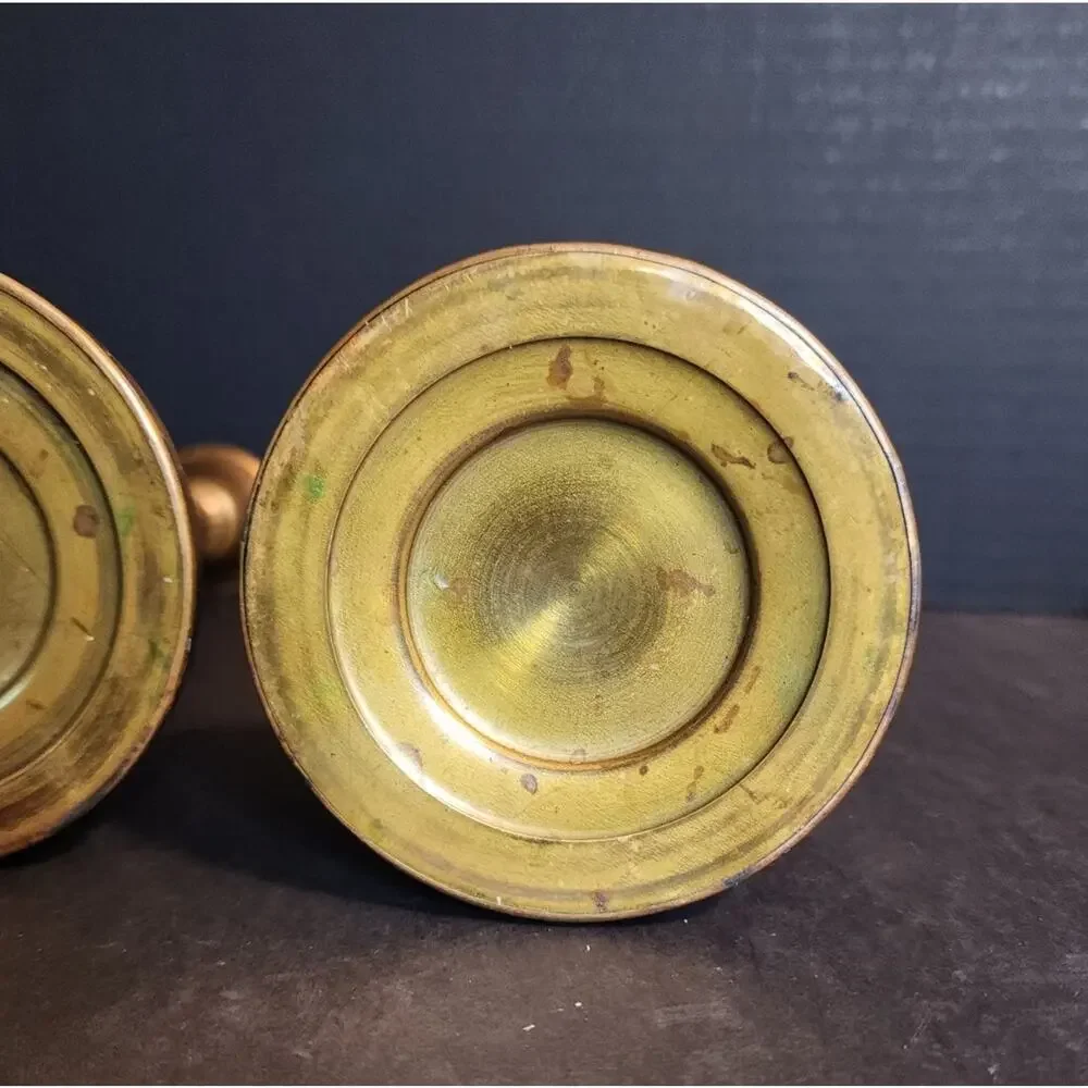 Pair of Antique Brass Candlesticks, Copper Weighted, Column Fluted 8.5